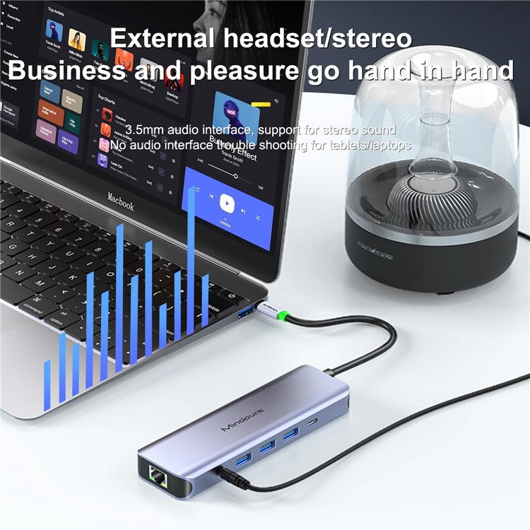 MINDPURE HU010 8-in-1 USB-C Hub Aluminum Alloy Laptop Docking Station, USB3.0x3+HD+PD+SD+TF+RJ45