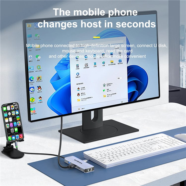 MINDPURE HU010 8-in-1 USB-C Hub Aluminum Alloy Laptop Docking Station, USB3.0x3+HD+PD+SD+TF+RJ45