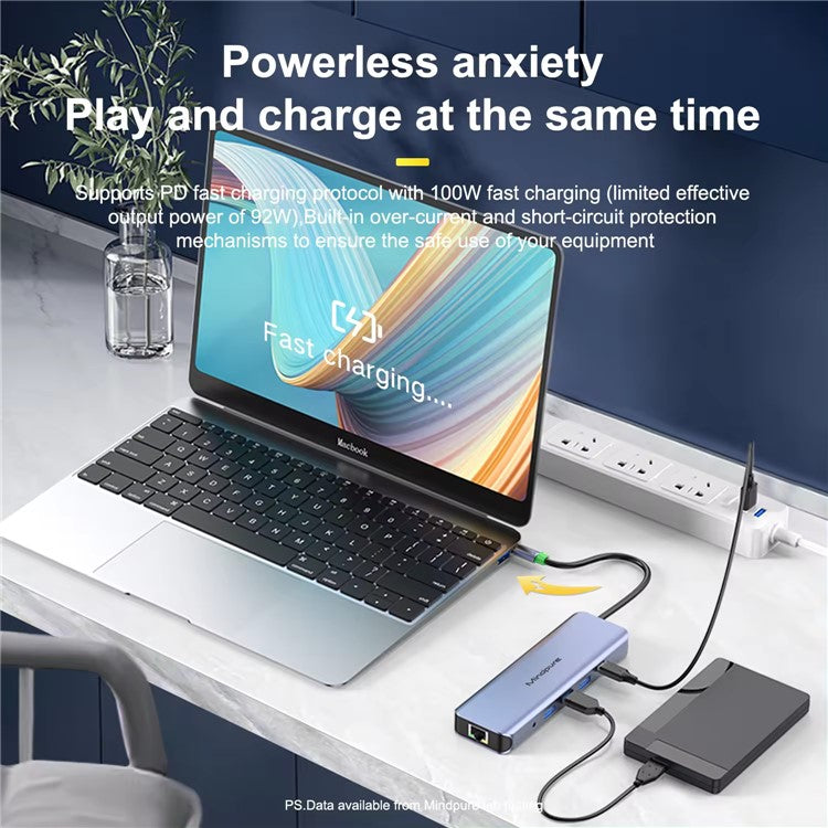 MINDPURE HU010 8-in-1 USB-C Hub Aluminum Alloy Laptop Docking Station, USB3.0x3+HD+PD+SD+TF+RJ45