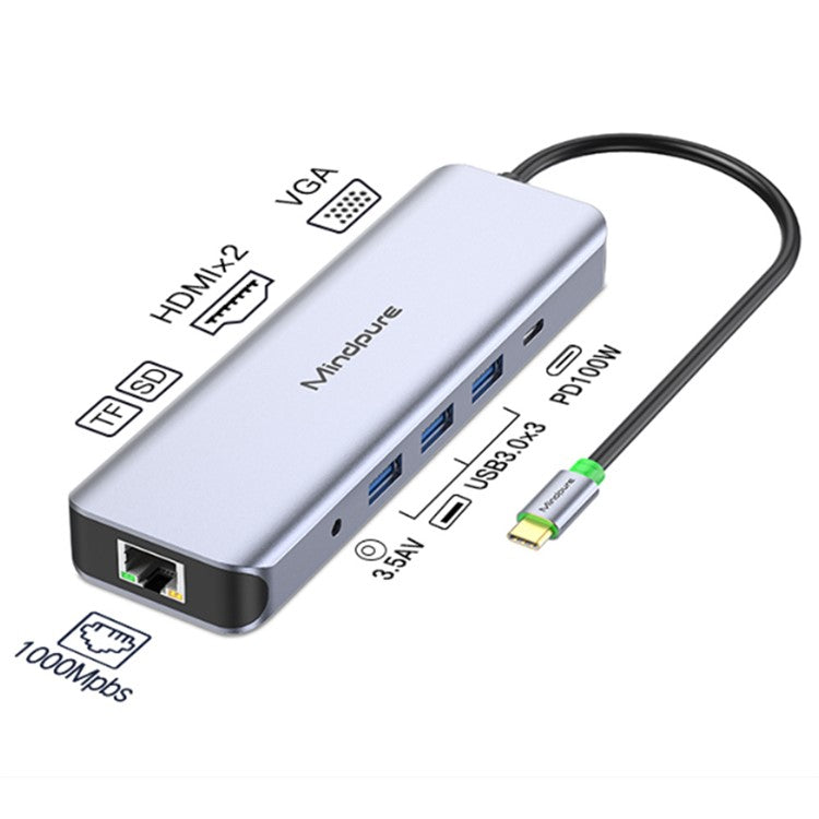 MINDPURE HU012 11-in-1 Multi-Function Docking Station Laptop USB-C Hub, USB3.0x3+3.5mm AV+PD+HDx2+VGA+SD+TF+RJ45