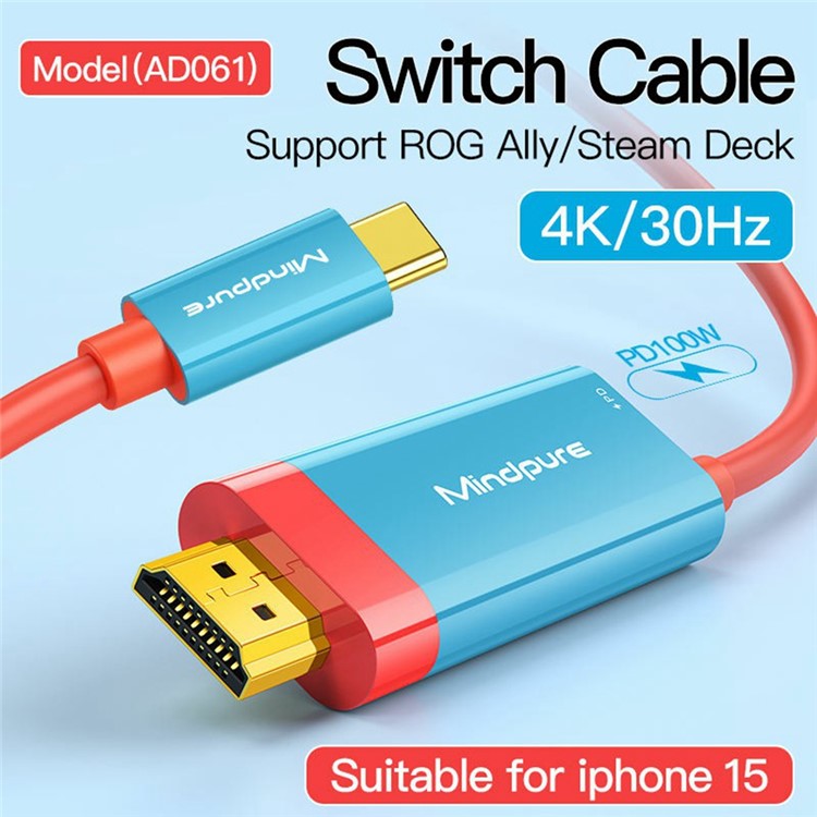 MINDPURE AD061 2m Type-C to HDMI 4K 30Hz HD Video Converter Cable - Red+Blue