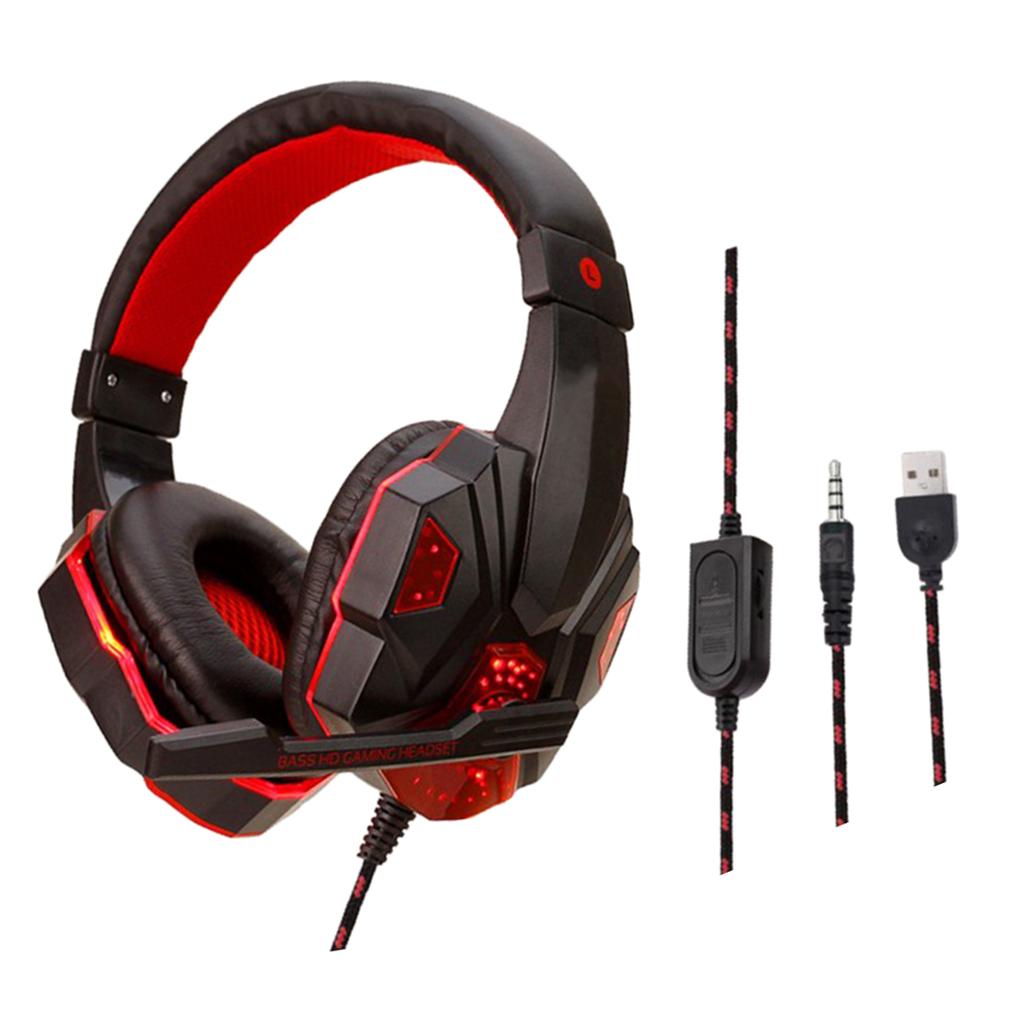 Wired Head-mounted Gaming Headset with Mic and LED Light Black Red