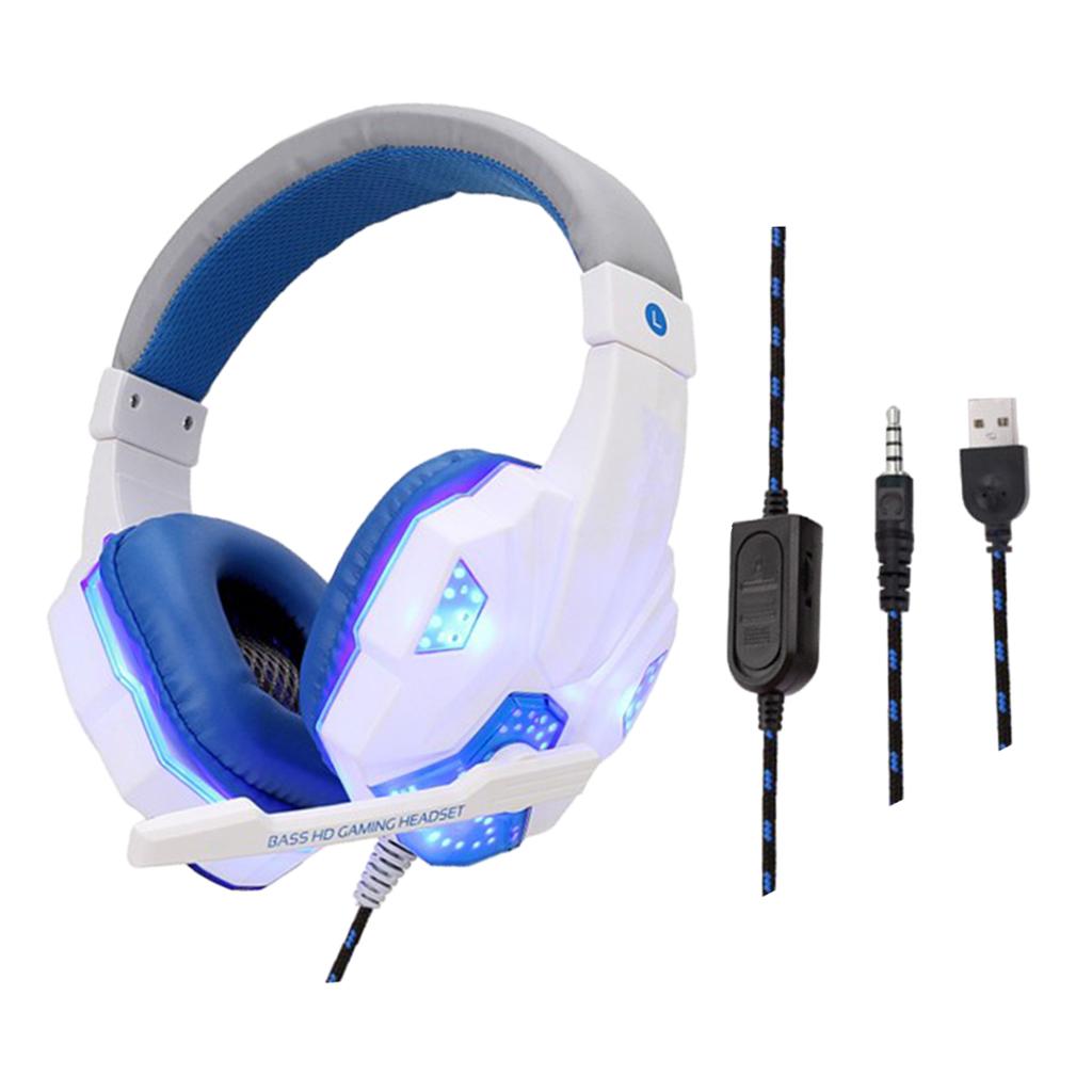 Wired Head-mounted Gaming Headset with Mic and LED Light White Blue