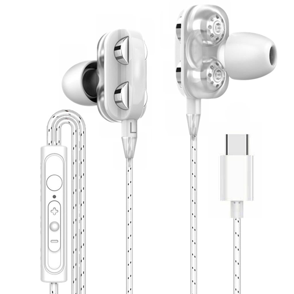 Dual Driver In-Ear Earphones Type C Stereo Headphones with 120cm Cable White
