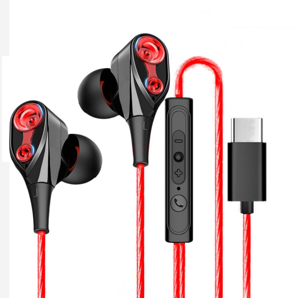 Dual Driver In-Ear Earphones Type-C Stereo Headphones Red
