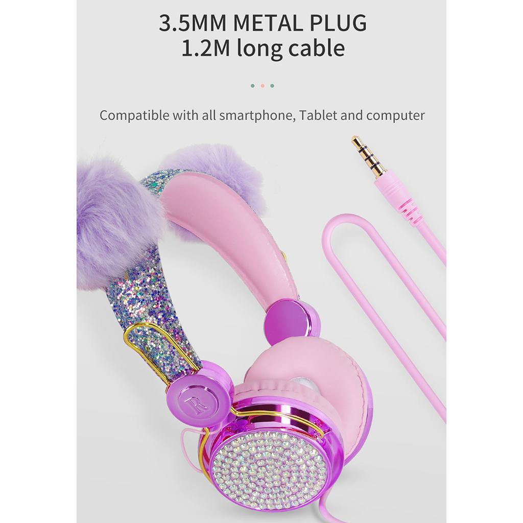 Cute Anime Glitter Bear Girl Kids Stereo Headphone With Microphone