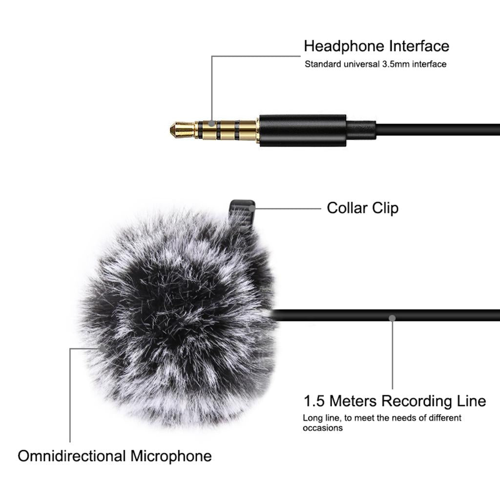 Clip-on Lapel Mini Lavalier Mic Microphone For Phone 3.5mm Jack 1.5M