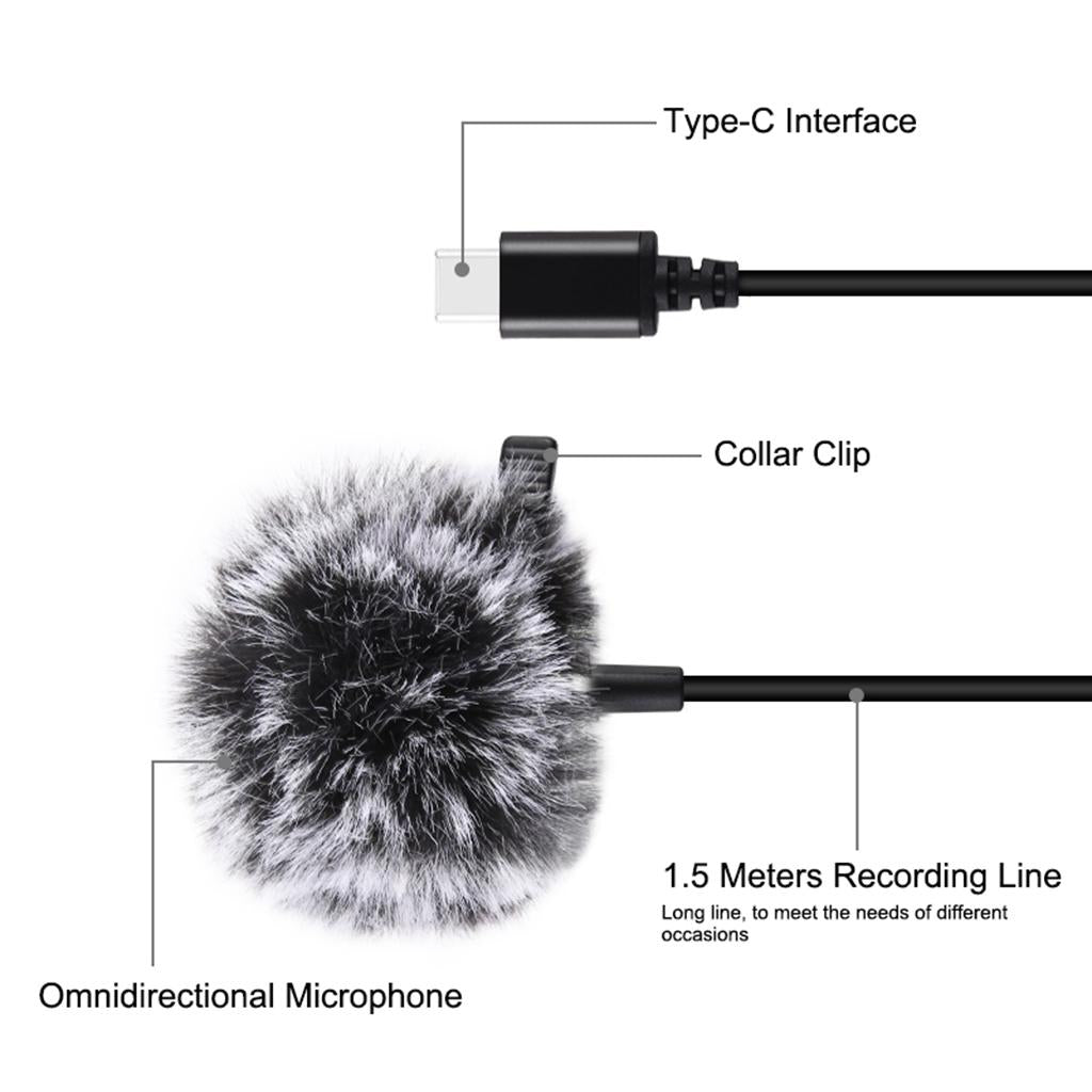 Clip-on Lapel Mini Lavalier Mic Microphone For Phone Type-C Jack 1.5M