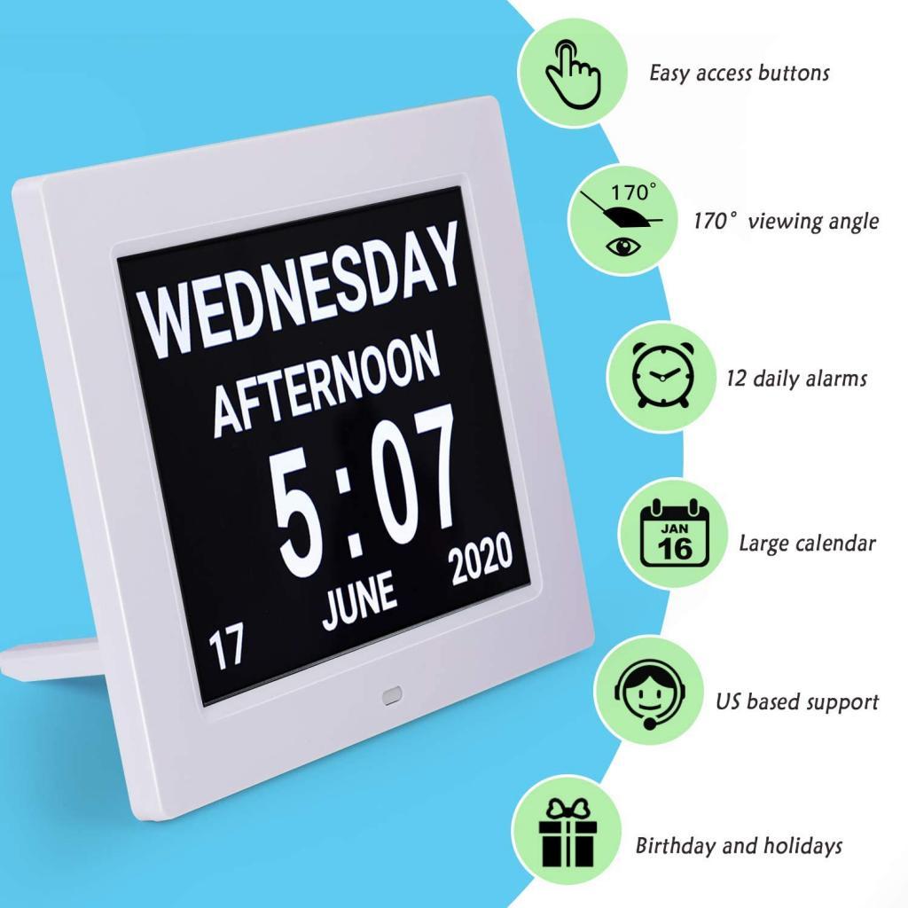 8" Large Screen Display Day & Month Digital Calendar Alarm Day Clock Elderly