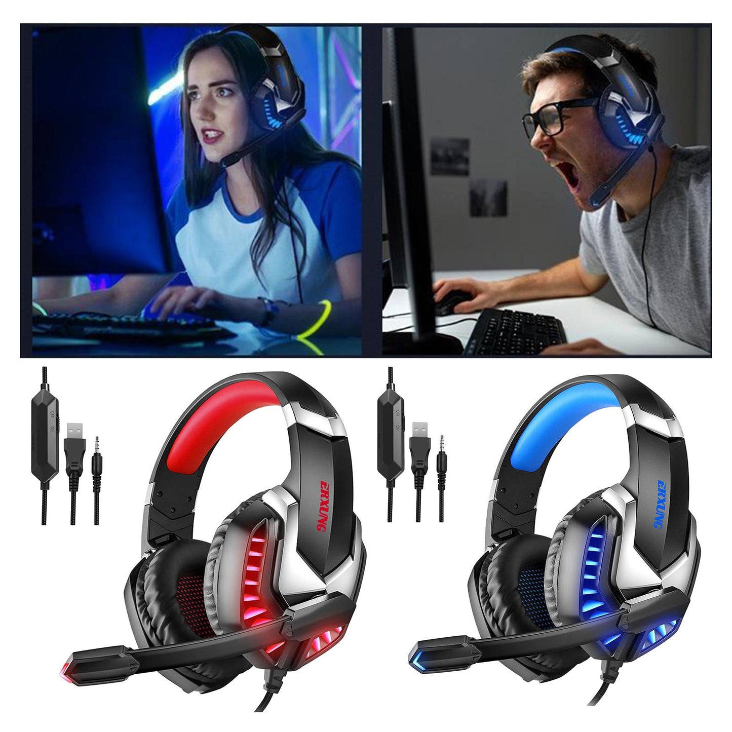 3.5mm USB Wired Gaming Headphones with Mic for PC Computer Laptop blue