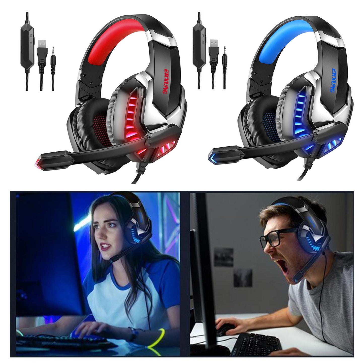 3.5mm USB Wired Gaming Headphones with Mic for PC Computer Laptop blue
