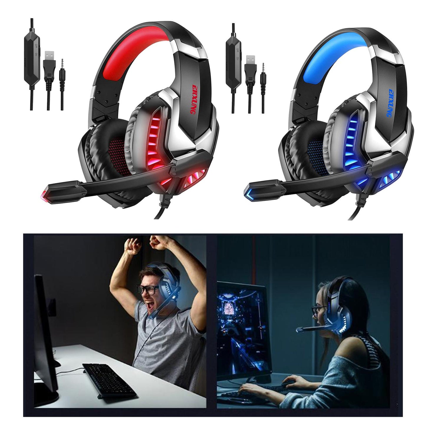 3.5mm USB Wired Gaming Headphones with Mic for PC Computer Laptop blue