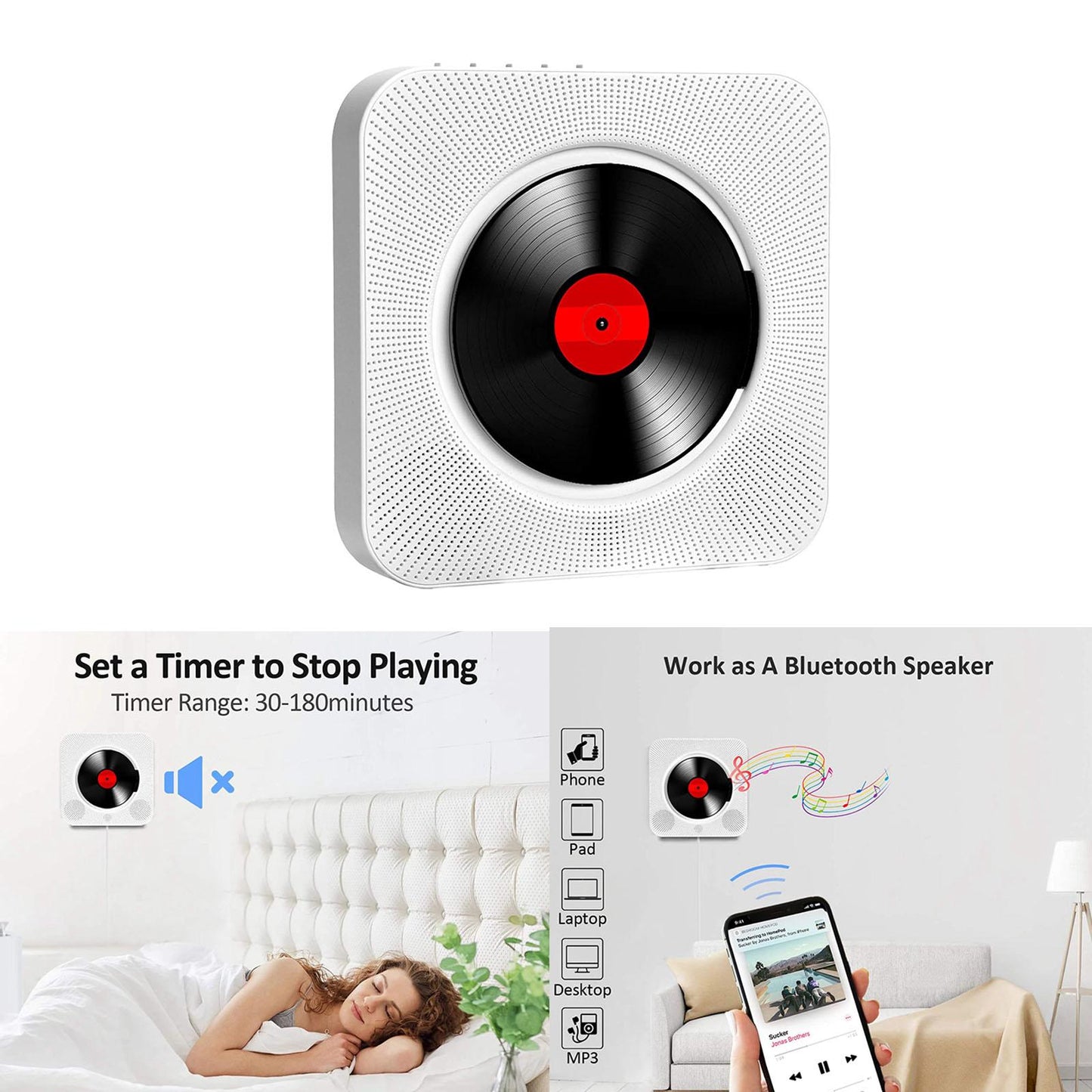 Portable Bluetooth CD Player Wall Mountable Remote Control w/Headphone Jack