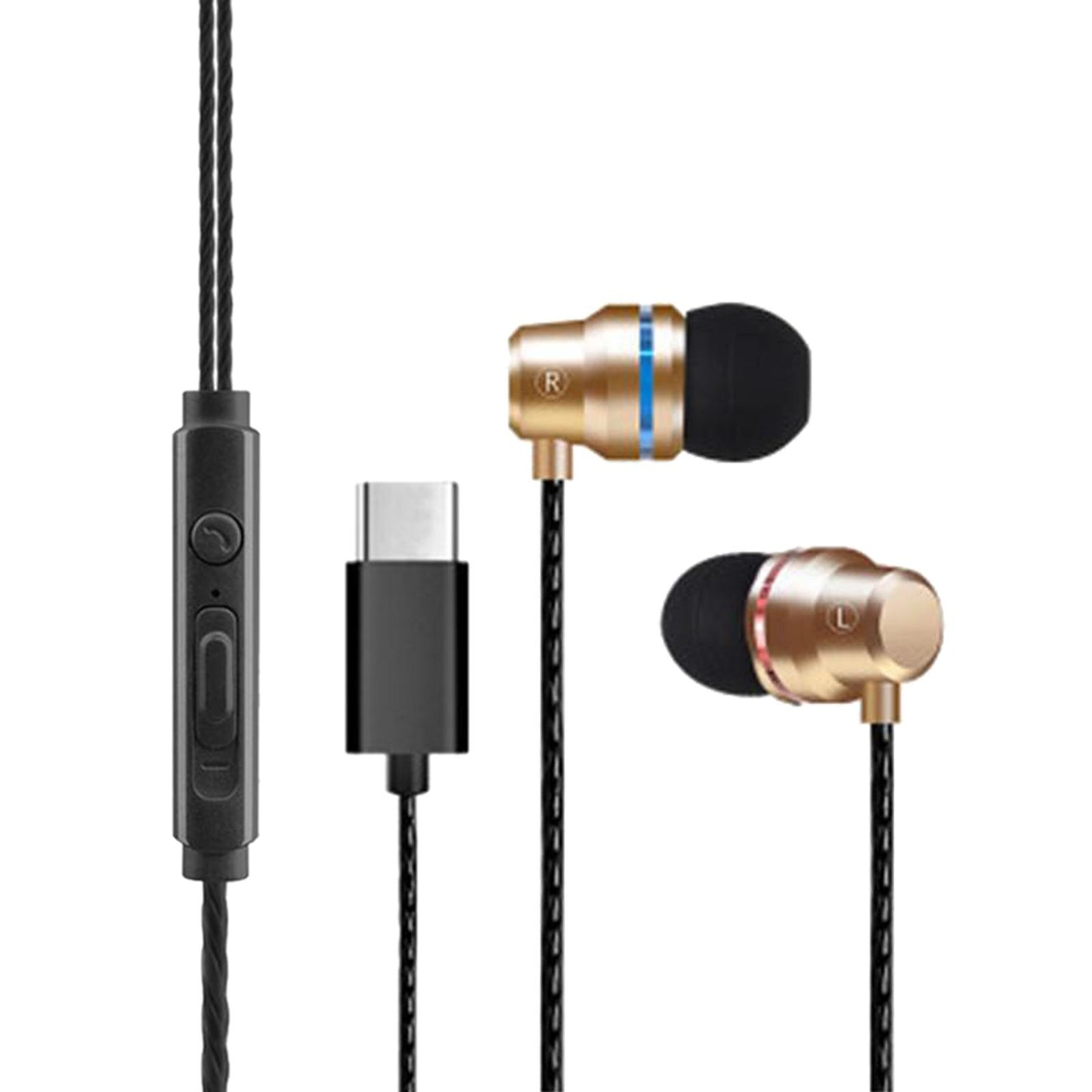 Universal Durable USB Type C Headphones Wired In-ear Earbuds Golden