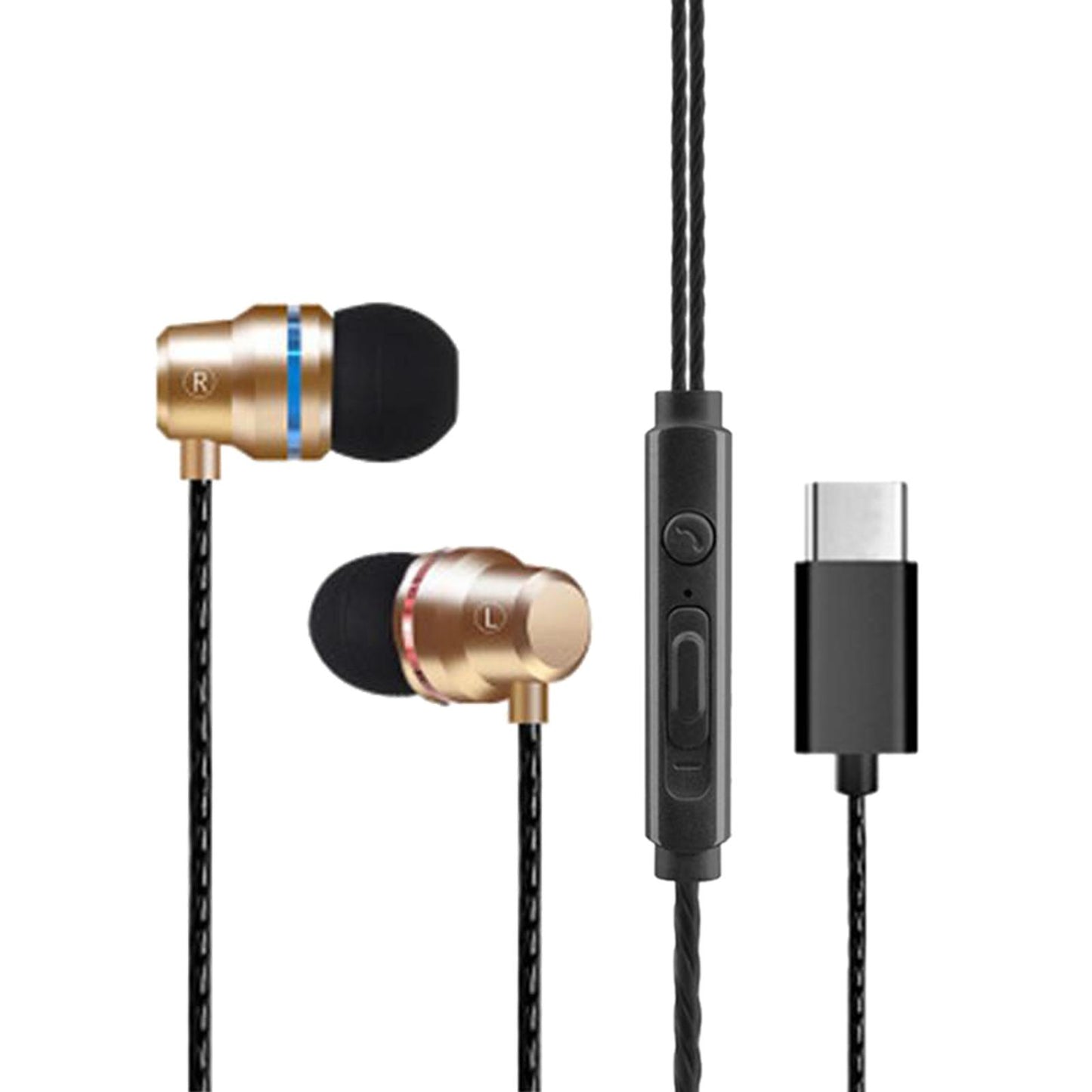 Universal Durable USB Type C Headphones Wired In-ear Earbuds Golden