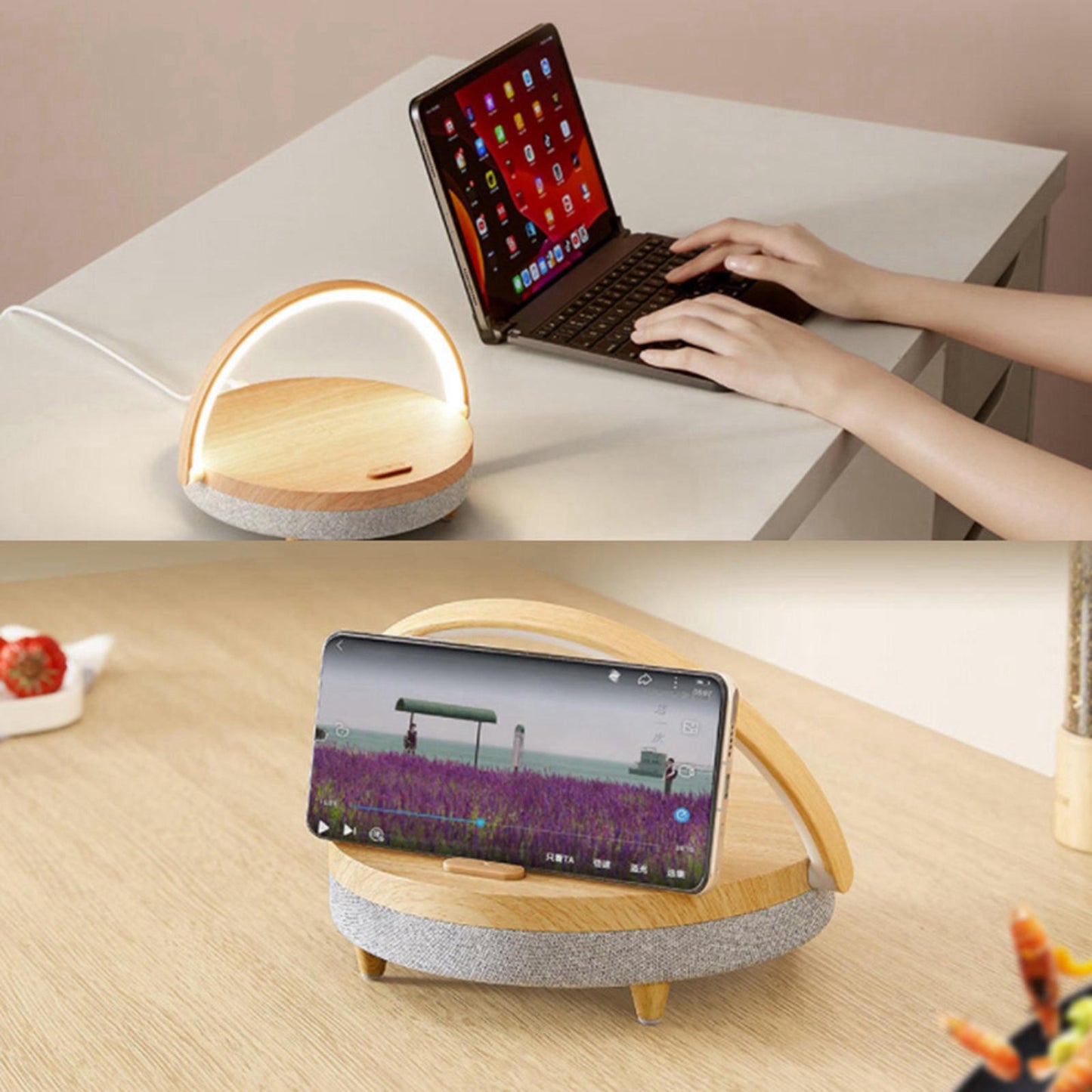 Portable Bluetooth Speaker Wireless Charger USB Powered Lamp for Home Office Wood grain