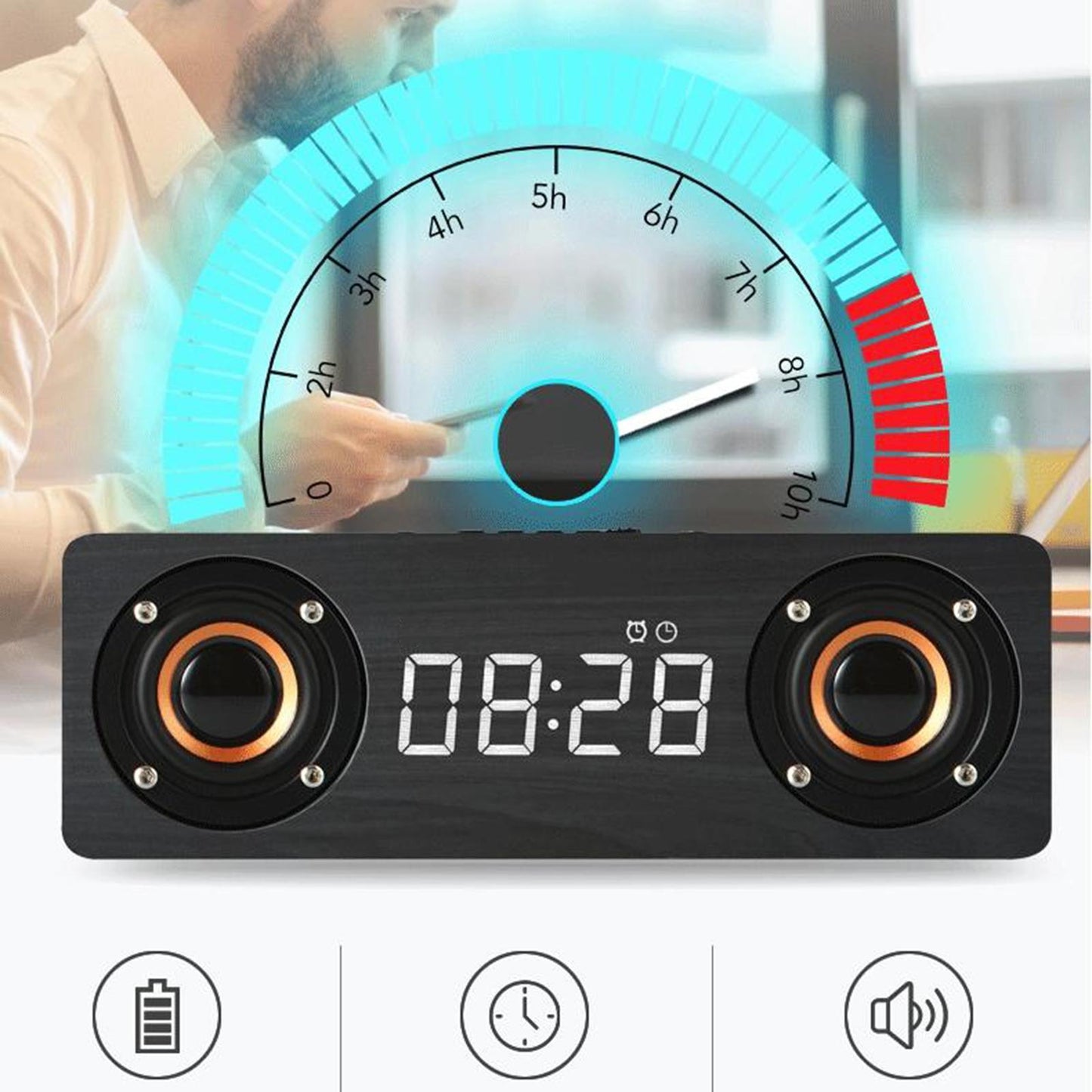 Stereo Sound Clock Soundbar Speaker for Home Office Computer Smartphone Work gray wood grain