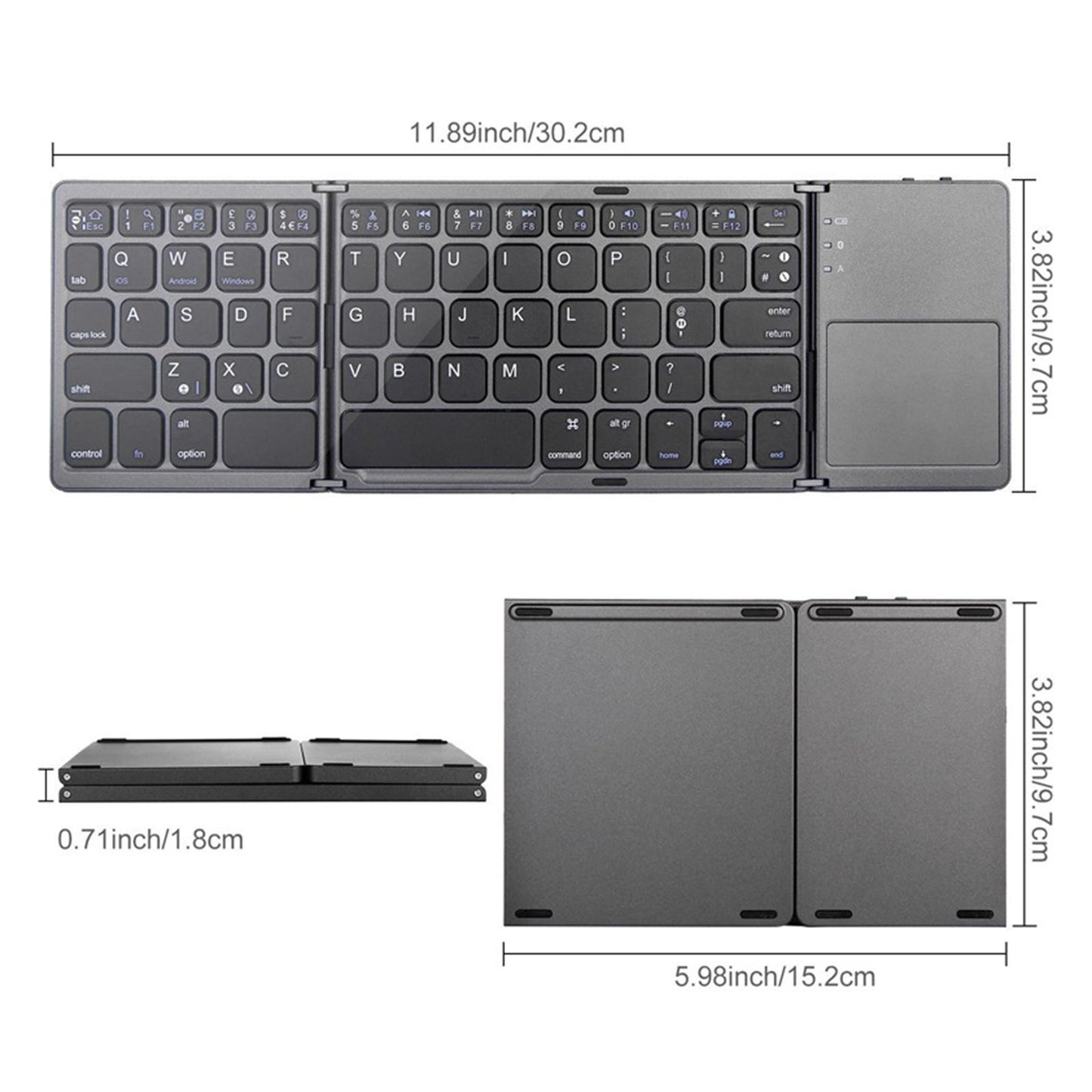 Folding Bluetooth Keyboard USB Wired Dual Mode w/Touchpad Silver