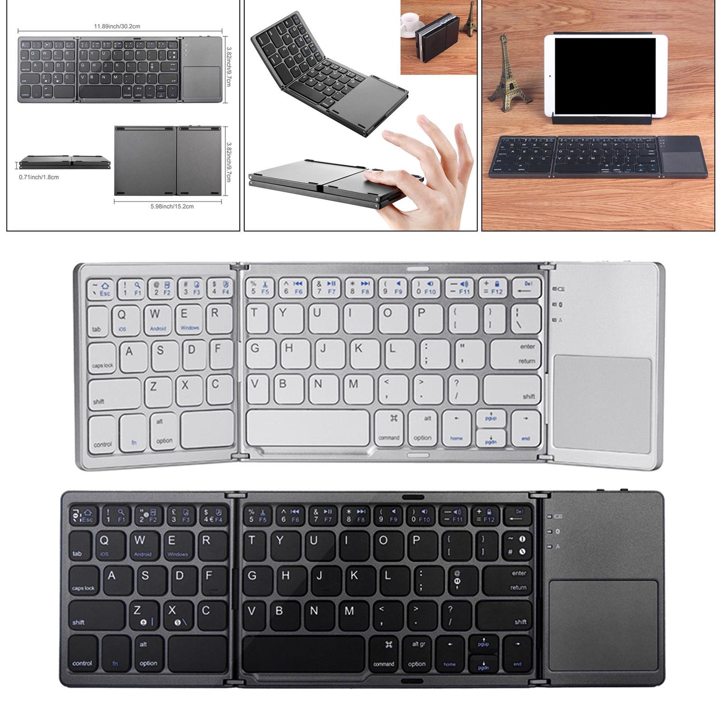 Folding Bluetooth Keyboard USB Wired Dual Mode w/Touchpad Silver