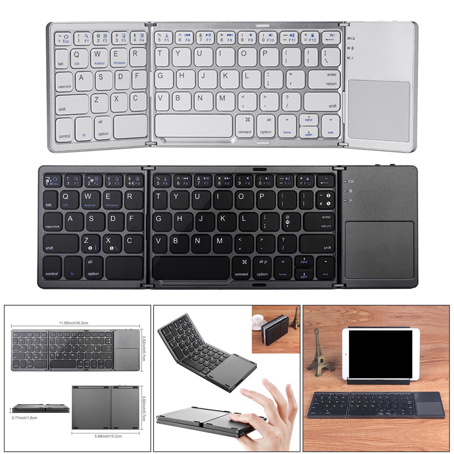 Folding Bluetooth Keyboard USB Wired Dual Mode w/Touchpad Silver