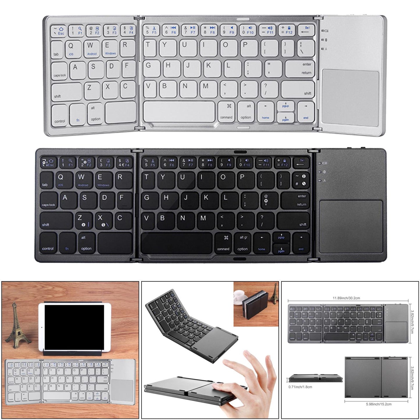 Folding Bluetooth Keyboard USB Wired Dual Mode w/Touchpad Silver