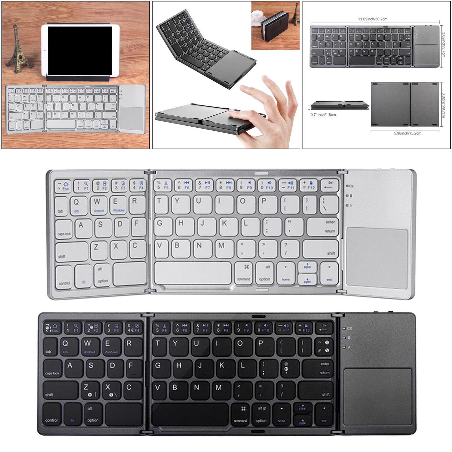 Folding Bluetooth Keyboard USB Wired Dual Mode w/Touchpad Silver