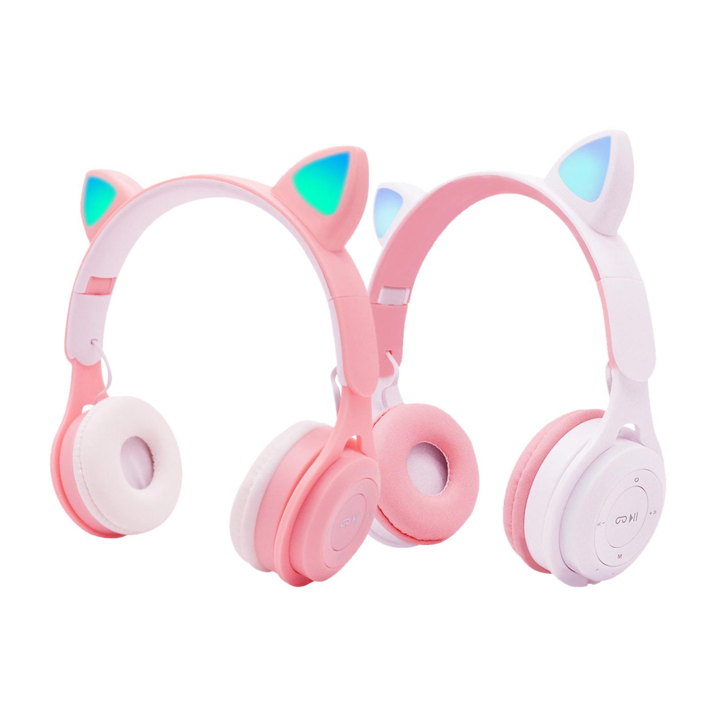 Cat Ear LED Light Up Wireless Foldable Headphones Over Ear with Mic White