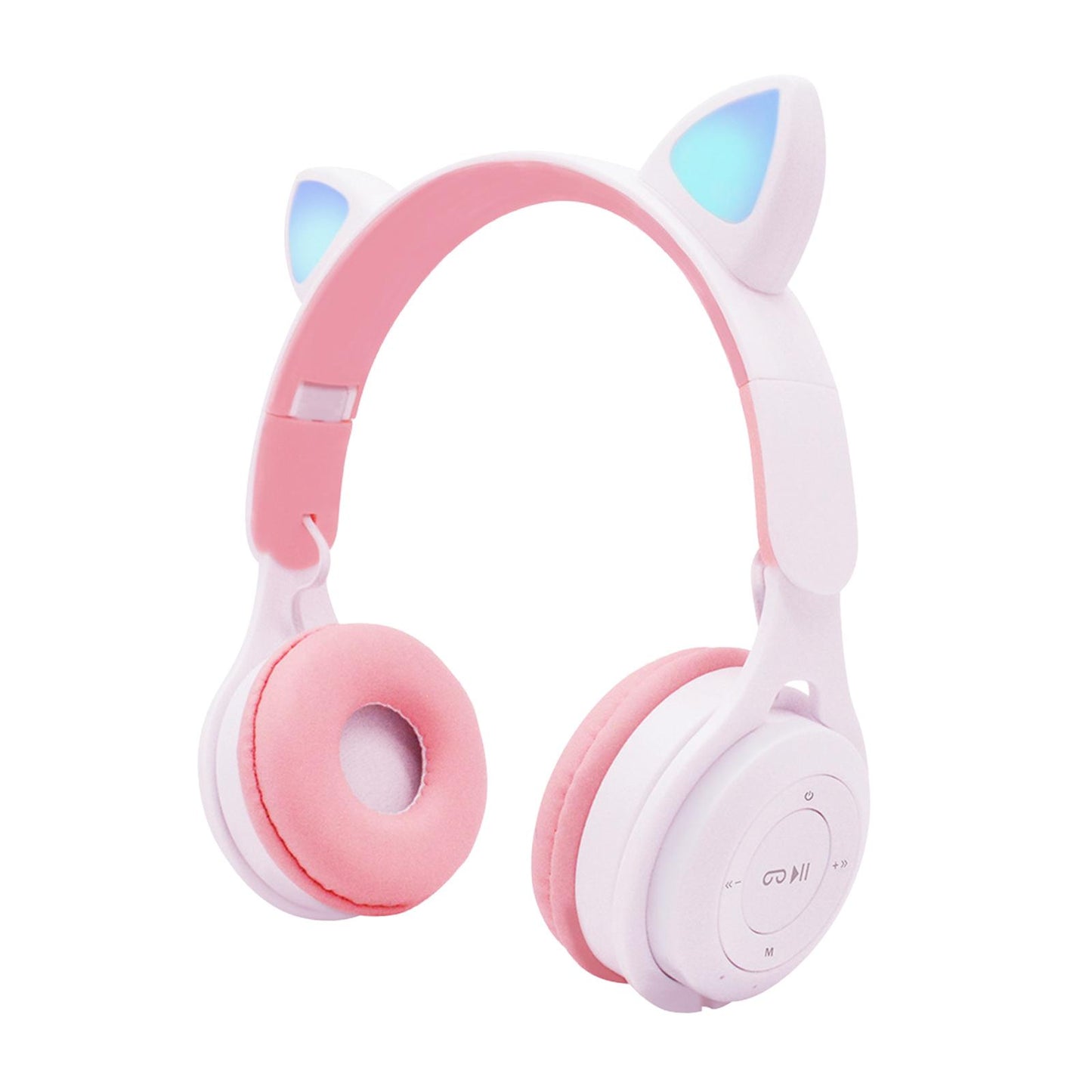Cat Ear LED Light Up Wireless Foldable Headphones Over Ear with Mic White