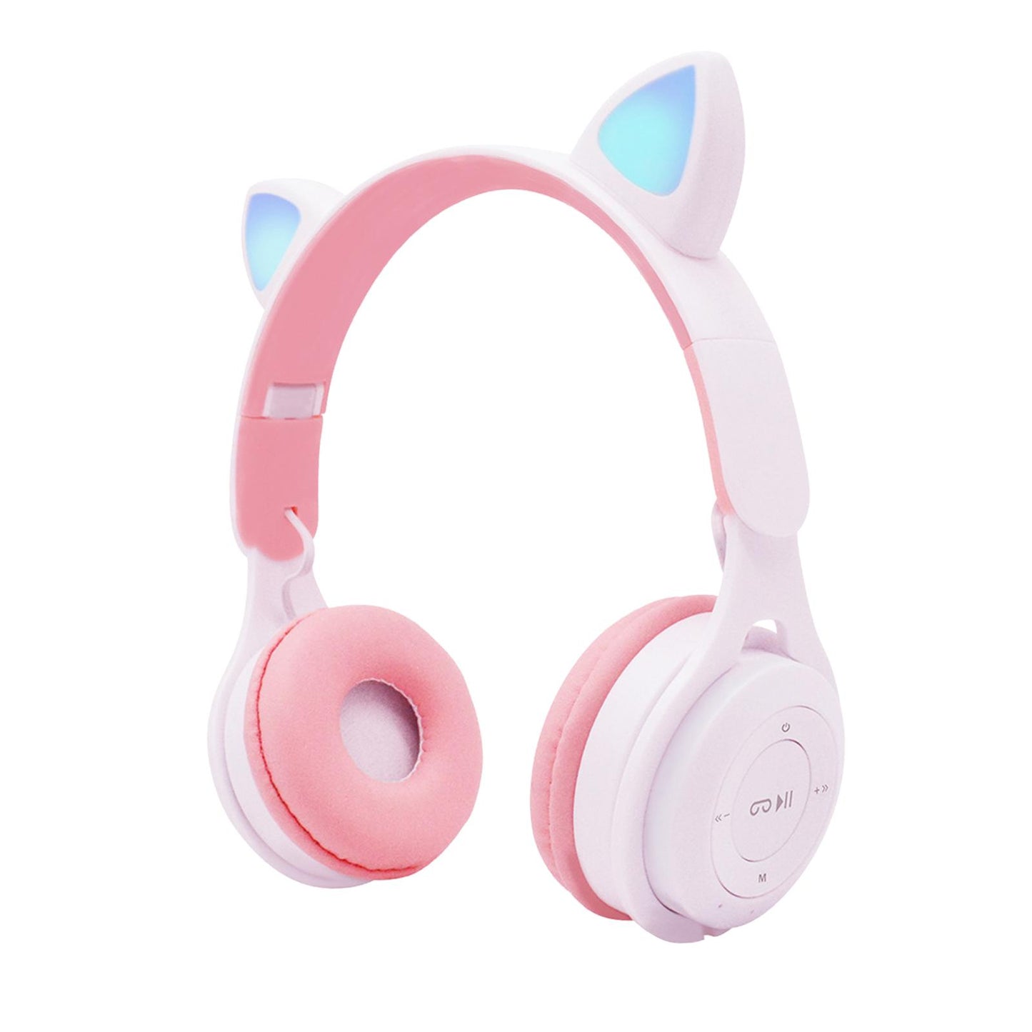 Cat Ear LED Light Up Wireless Foldable Headphones Over Ear with Mic White
