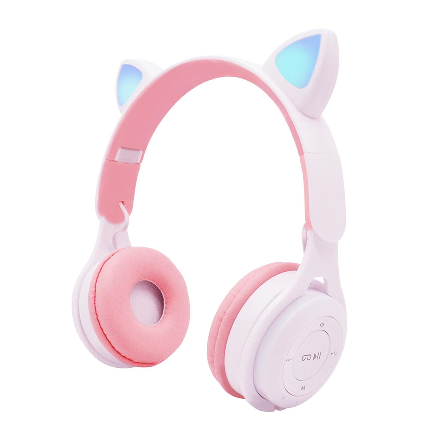 Cat Ear LED Light Up Wireless Foldable Headphones Over Ear with Mic White