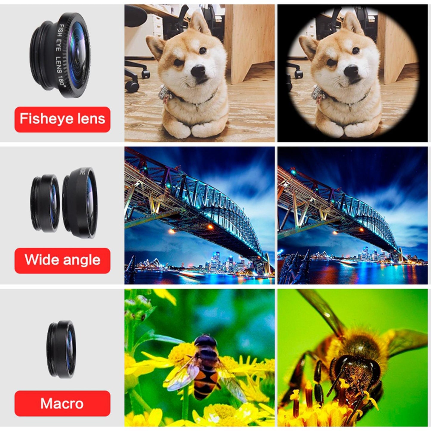3 in 1 Phone Lens Clip-On Fisheye Lens Wide Angle Lens Macro Lens Black