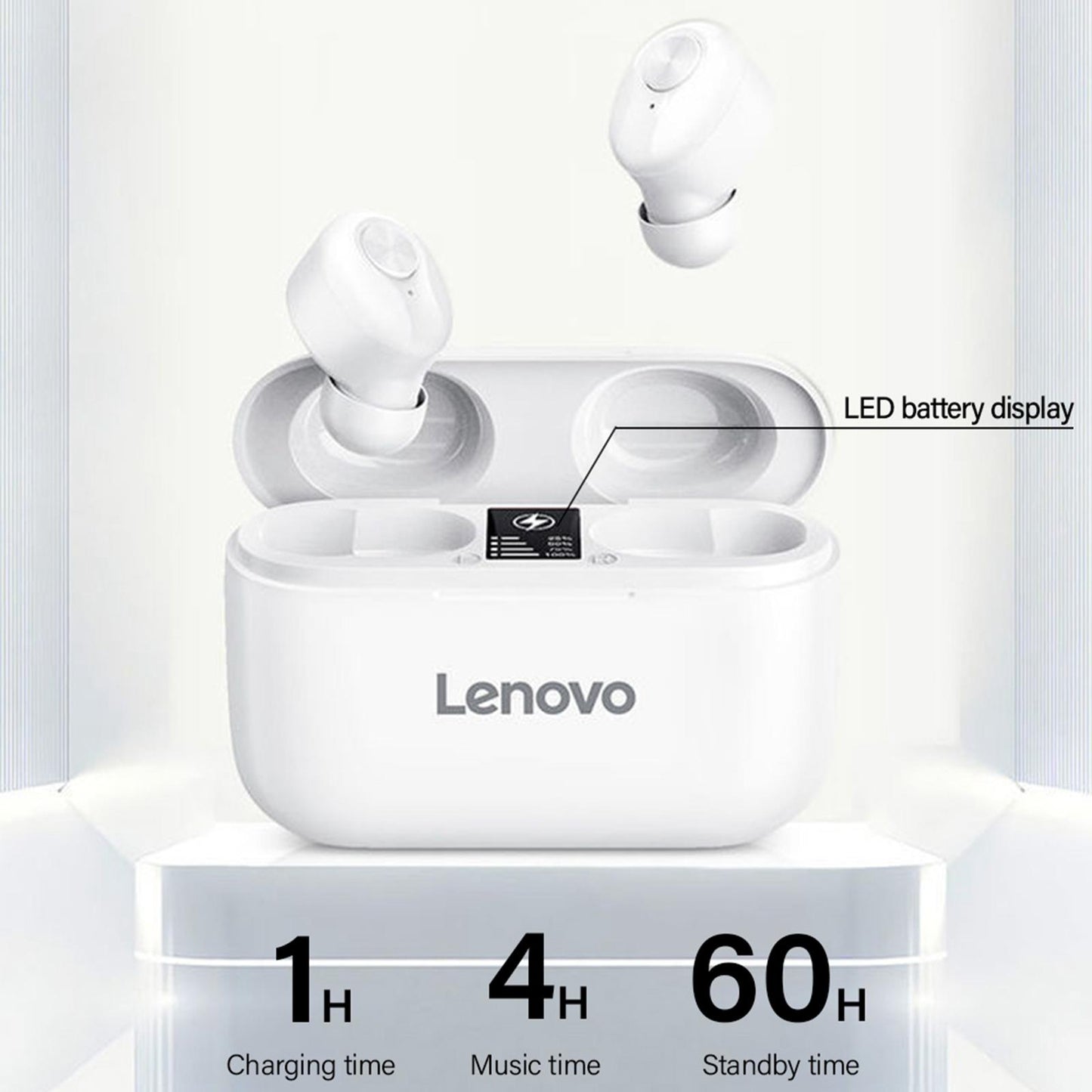 HT18 Bluetooth 5.0 Earphones LED Display Earbuds Headset HIFI Stereo White