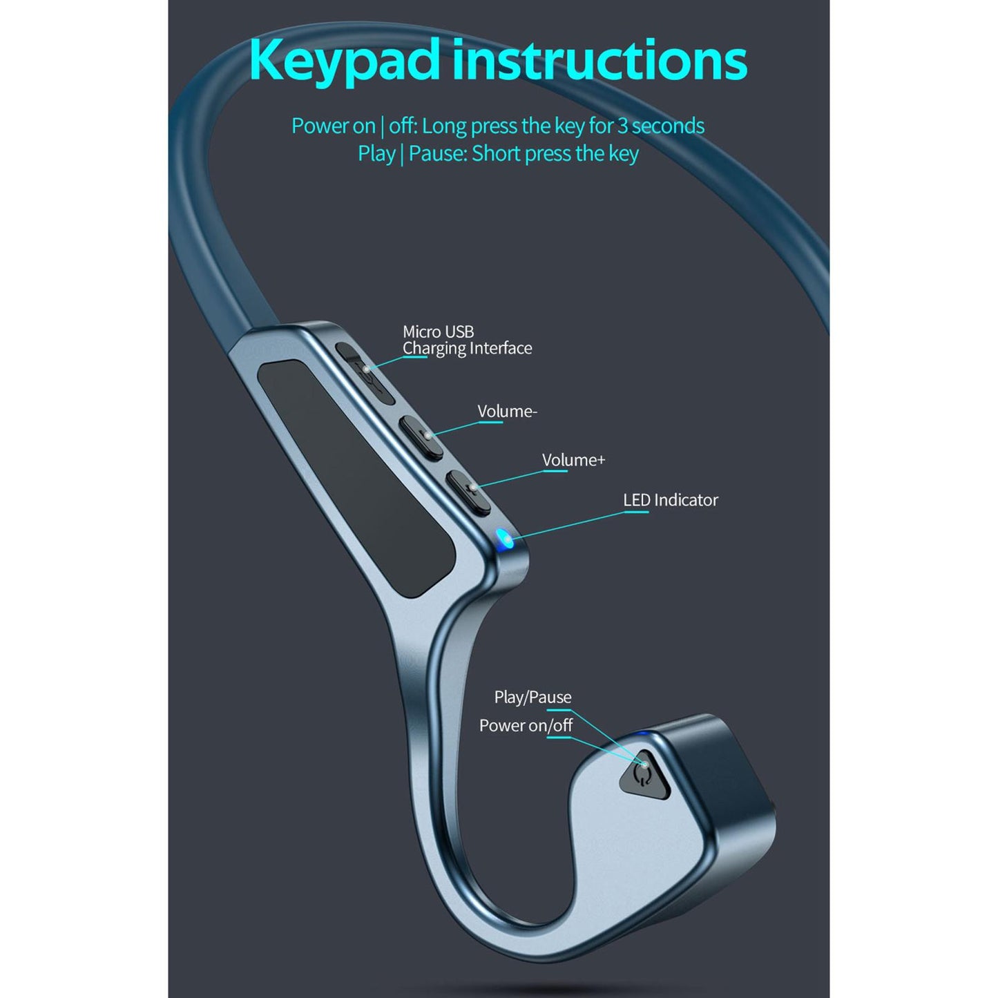 Bone Conduction Headset Bluetooth Wireless Outdoor Open Ear Headphones Blue