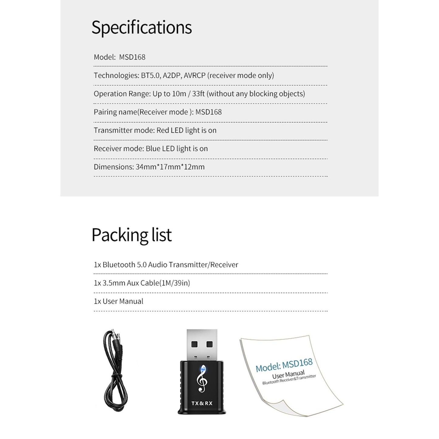 Bluetooth 5.0 Audio Transmitter Receiver USB Adapter For TV PC Car Speaker