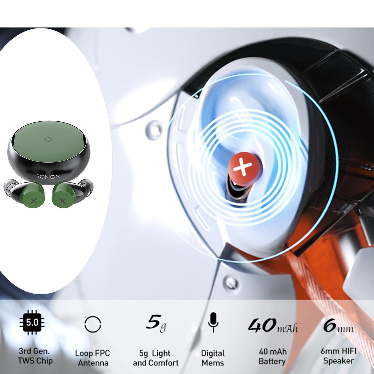 Blueteeth Wireless Earbuds Denoise Waterproof Star Loop Design Green