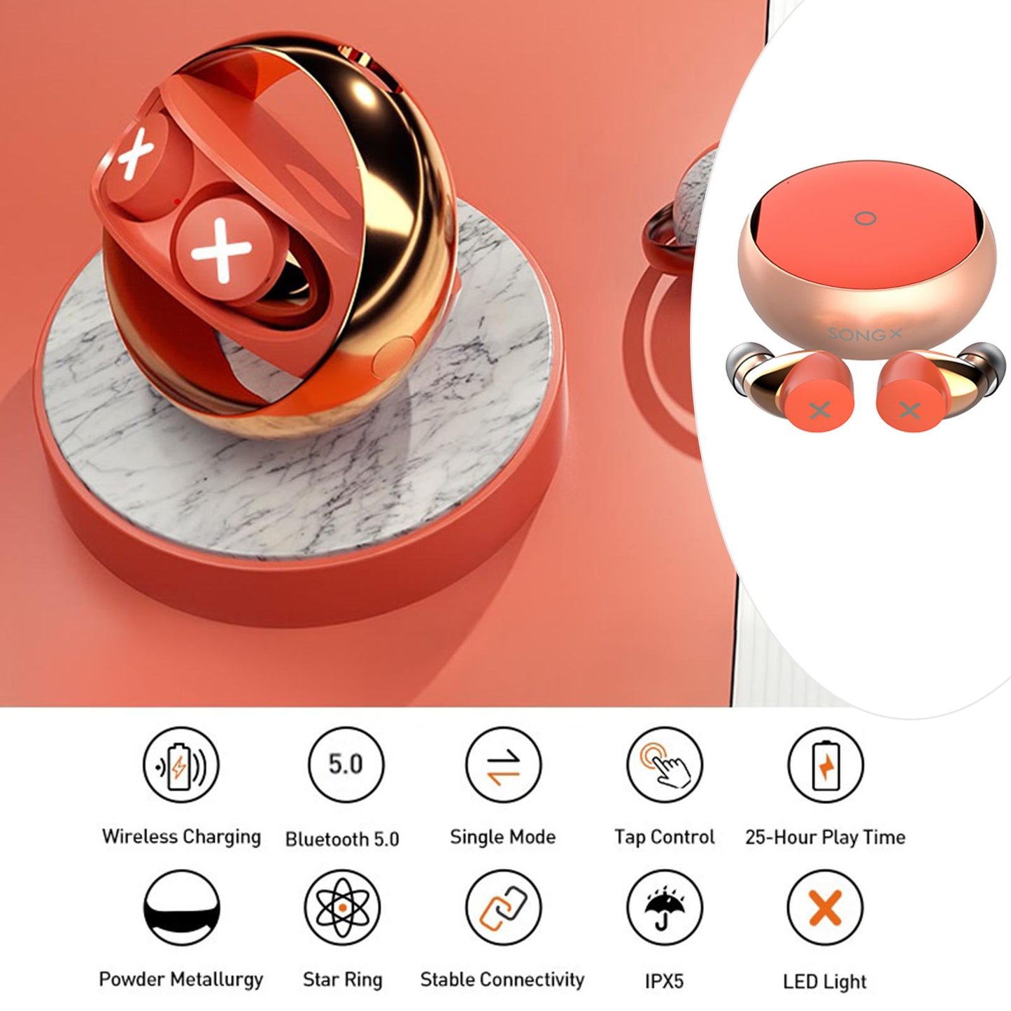 Blueteeth Wireless Earbuds Denoise Waterproof Star Loop Design Orange