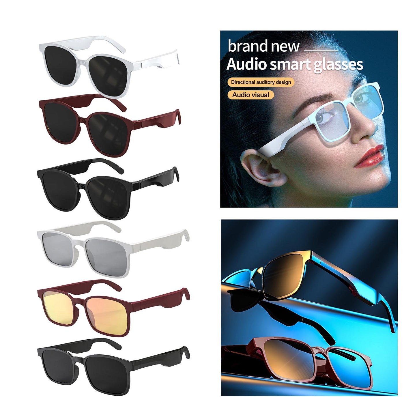 Bluetooth Sunglasses Stereo Headphones Smart Glasses White Square