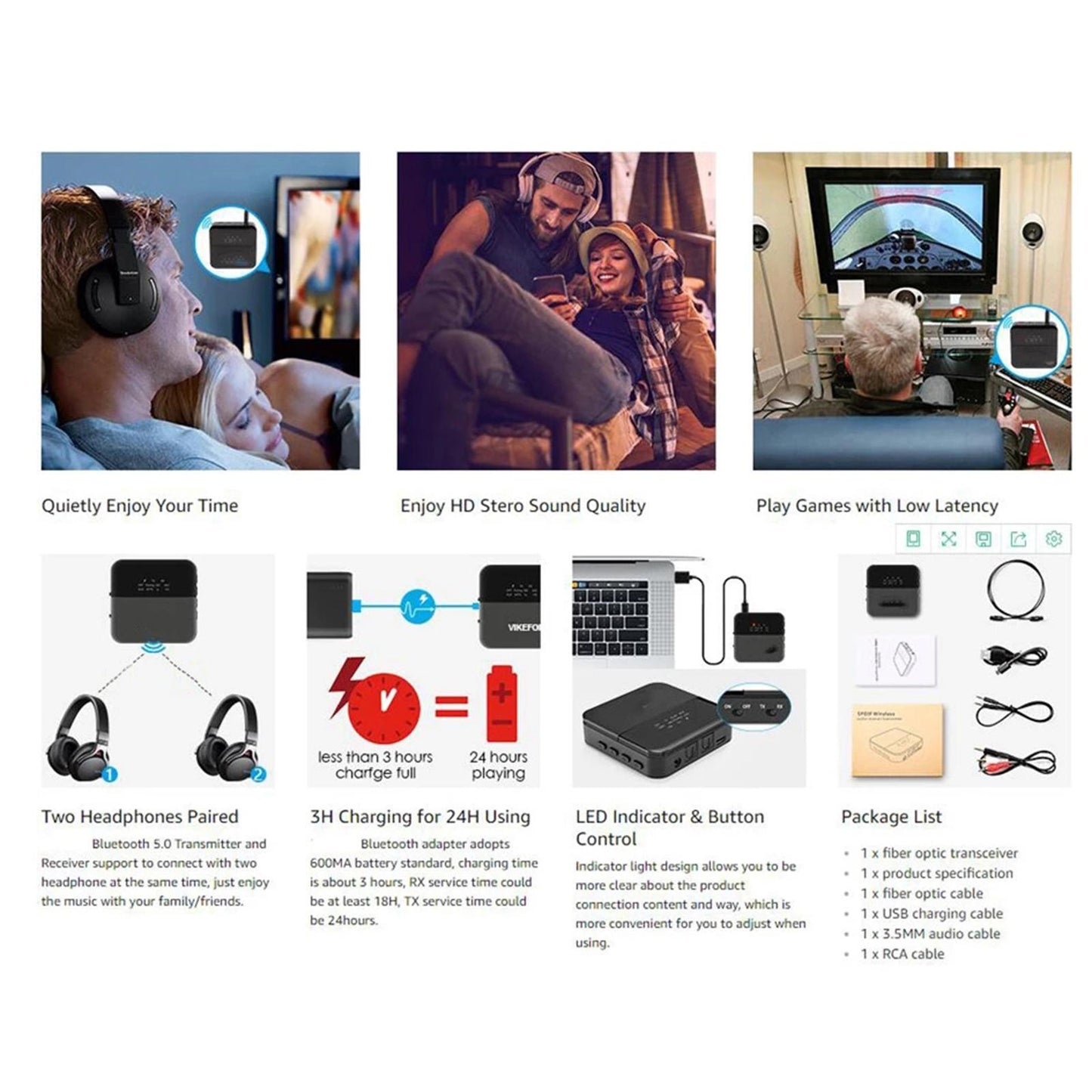 Bluetooth 5 Audio Transmitter and Receiver Adapter HD LL Low Latency Black