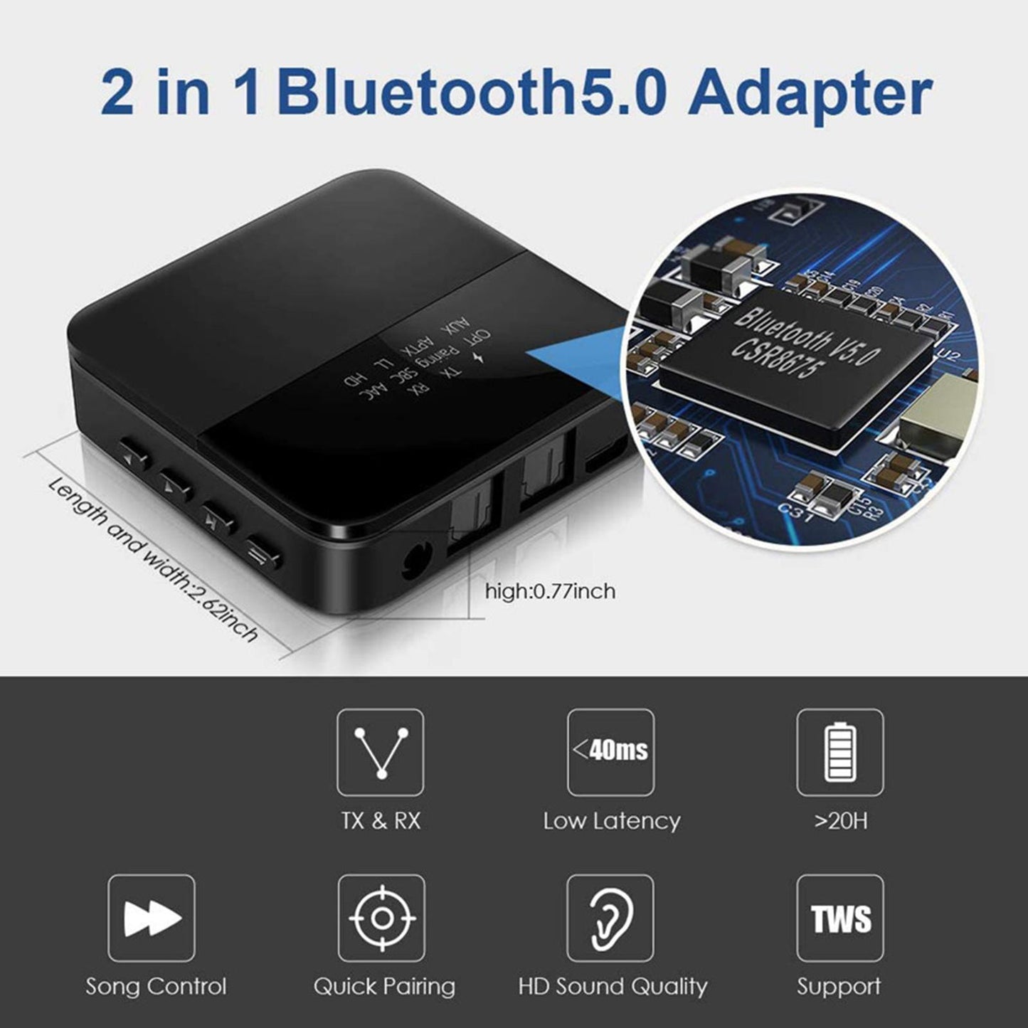 Bluetooth 5 Audio Transmitter and Receiver Adapter HD LL Low Latency Black