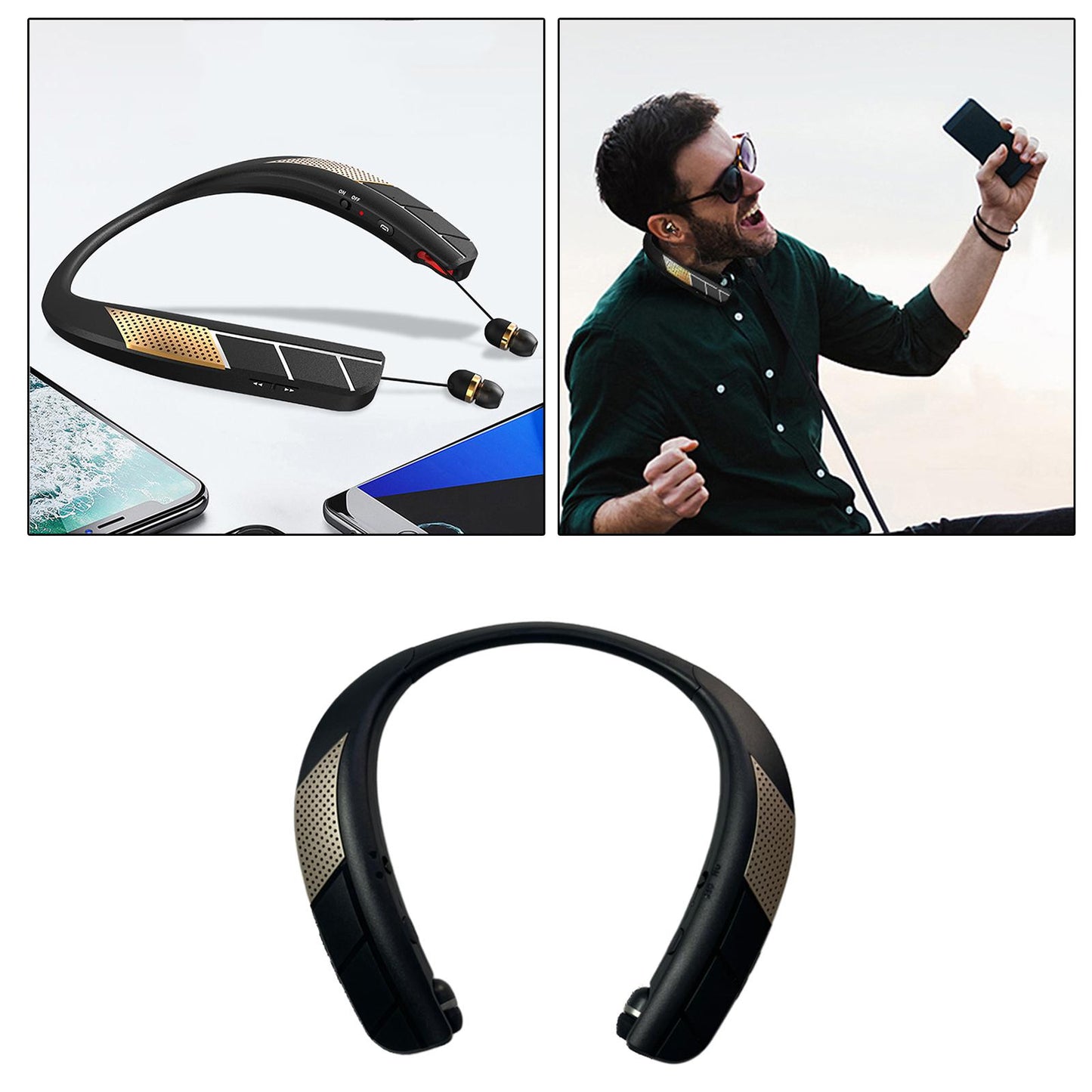 Neckband Wireless Speaker HD Low Latency w/ Retractable Earbuds Portable Gray B