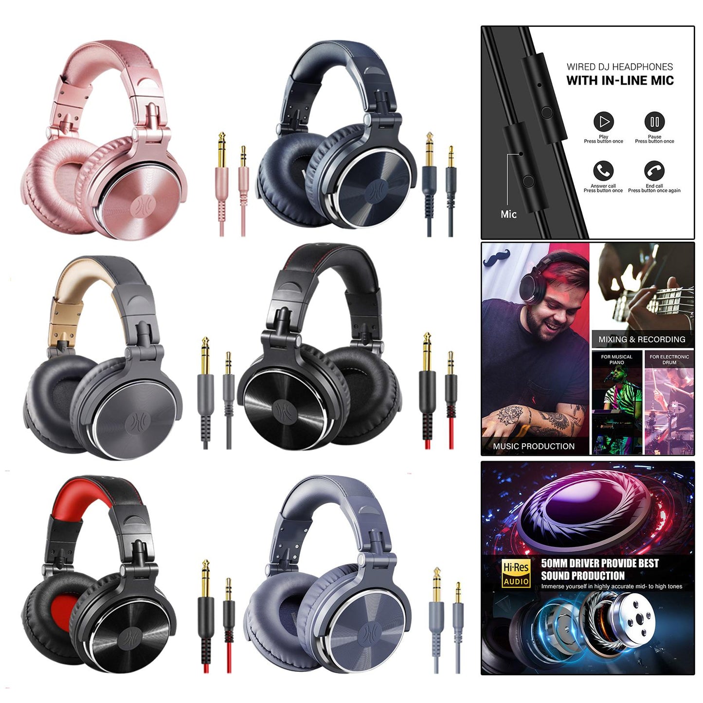 Over Ear DJ Stereo Wired Headphone Headsets for Studio Black