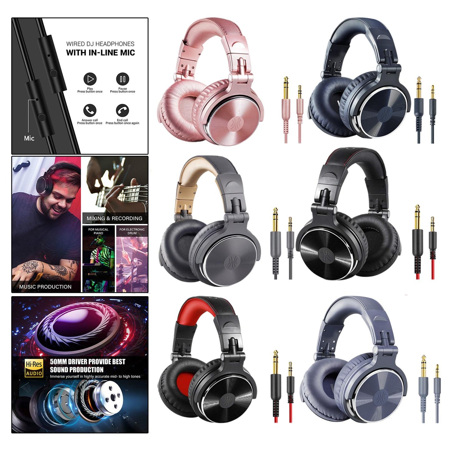 Over Ear DJ Stereo Wired Headphone Headsets for Studio Black