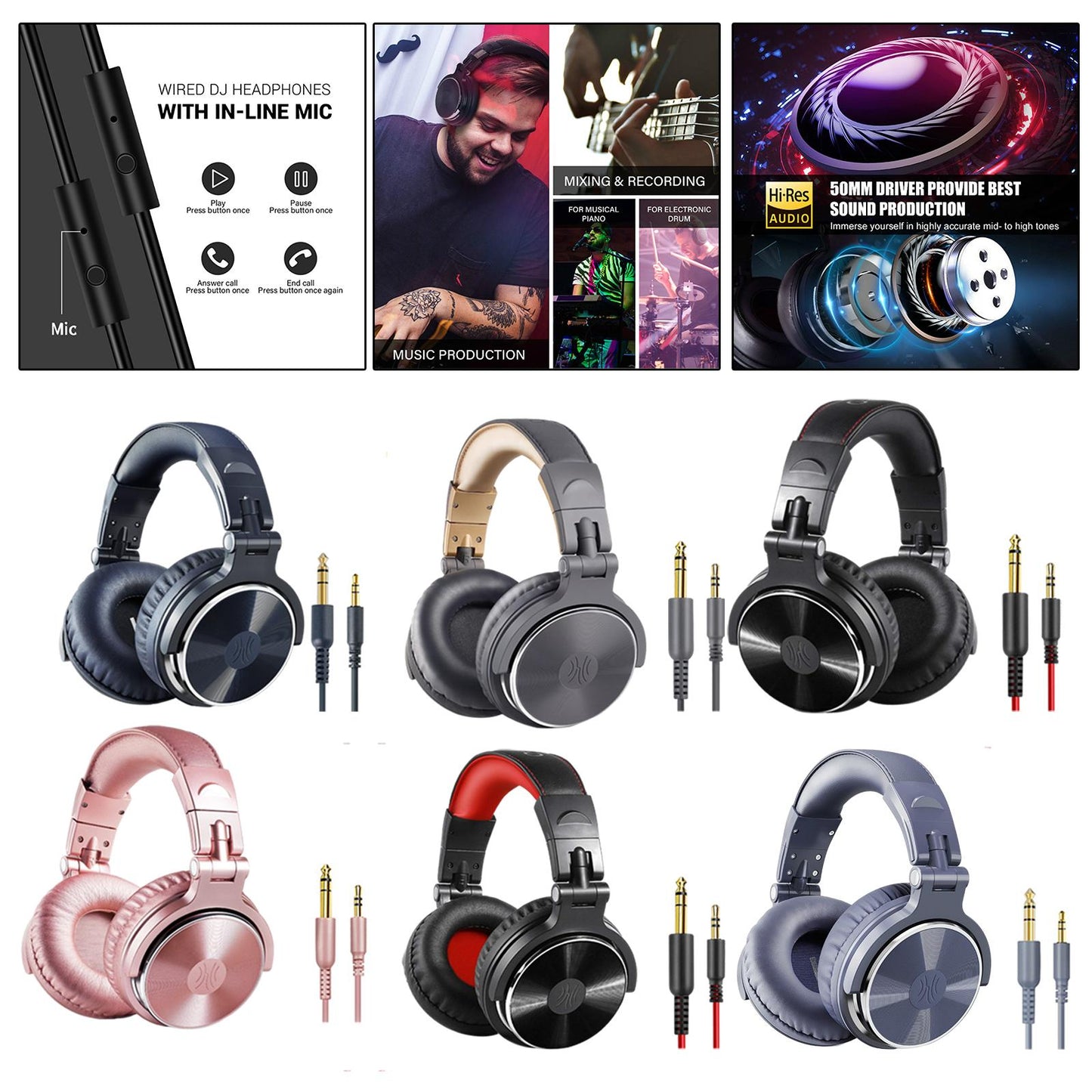 Over Ear DJ Stereo Wired Headphone Headsets for Studio Black