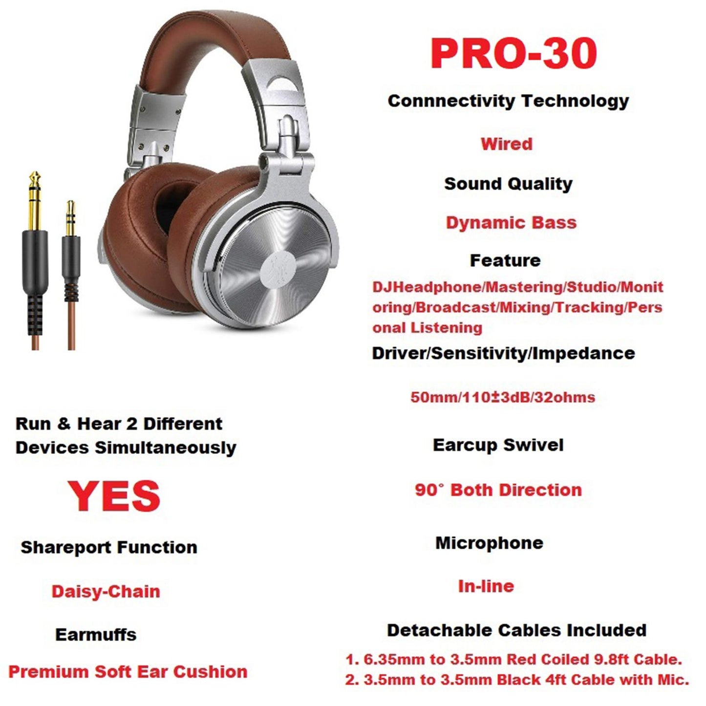 Pro-30 Over Ear Headphones Studio Monitor Mixing DJ Stereo Headsets with Mic