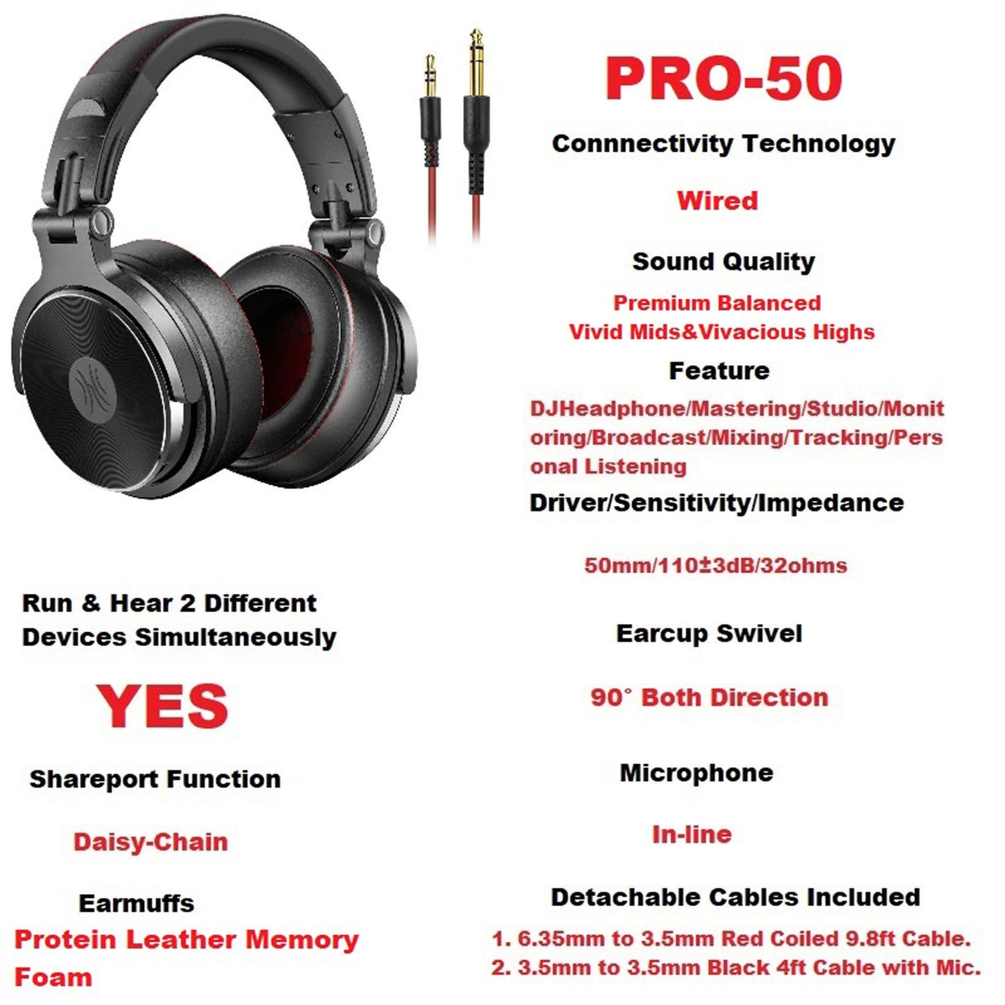 Pro-50 Wired Over Ear Headphones Studio Mixing DJ Stereo Headsets w/Mic
