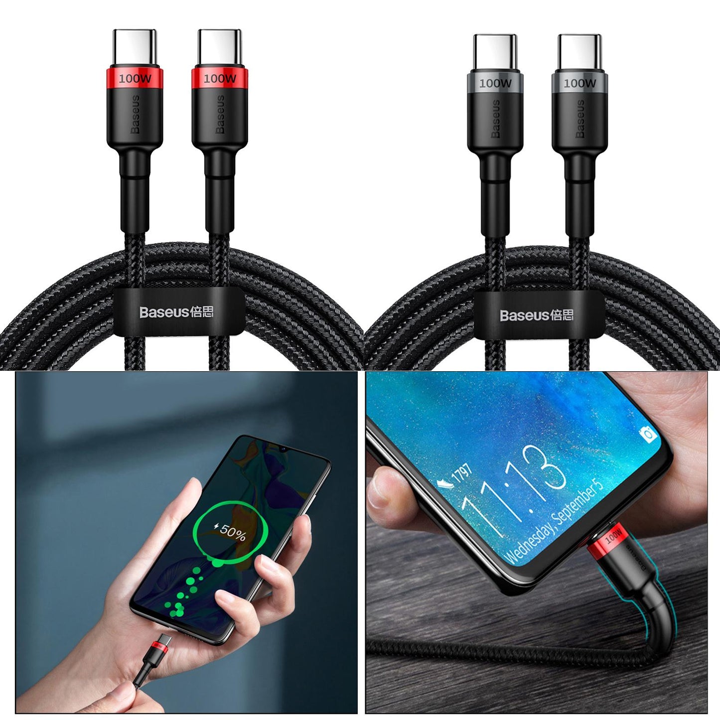 100W QC 3.0 Type-C Cable for HUAWEI Mobile Phones Tablets 480Mbps Grey Black