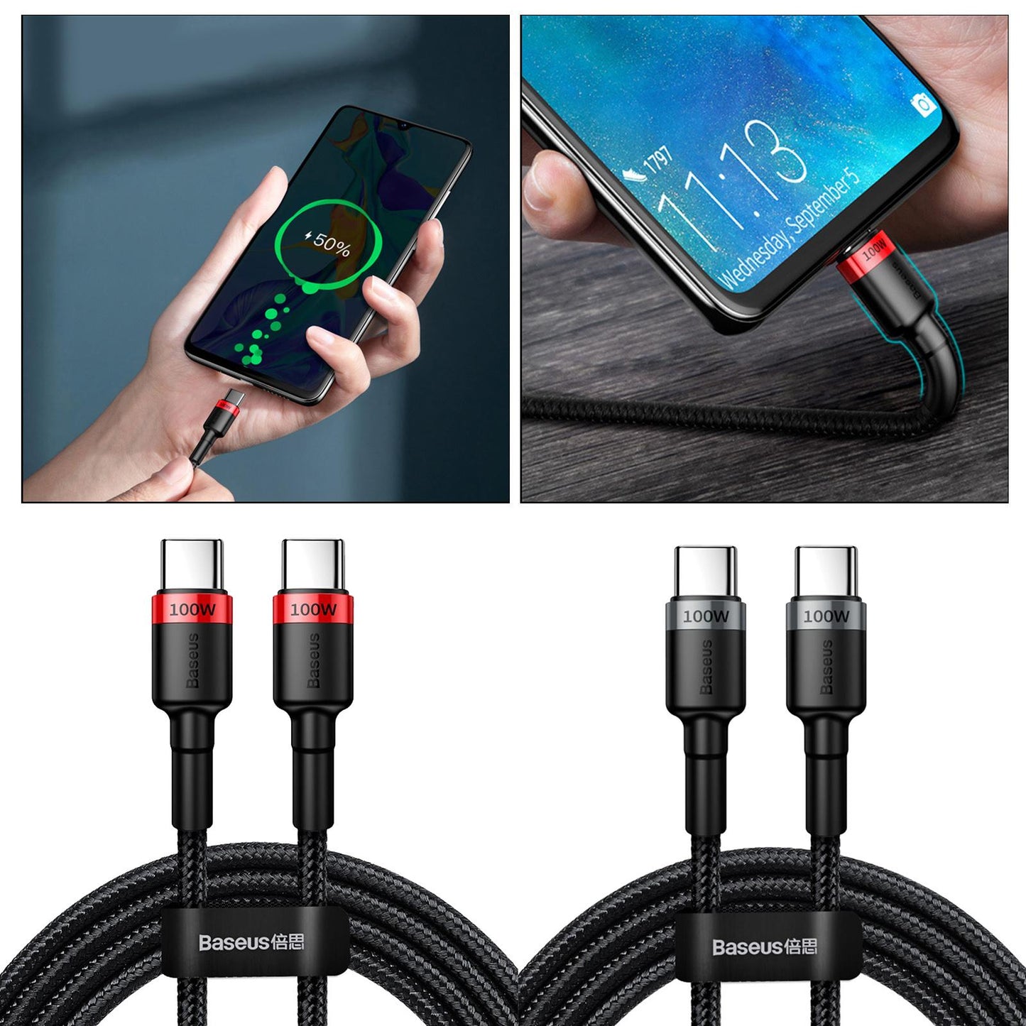 100W QC 3.0 Type-C Cable for HUAWEI Mobile Phones Tablets 480Mbps Grey Black