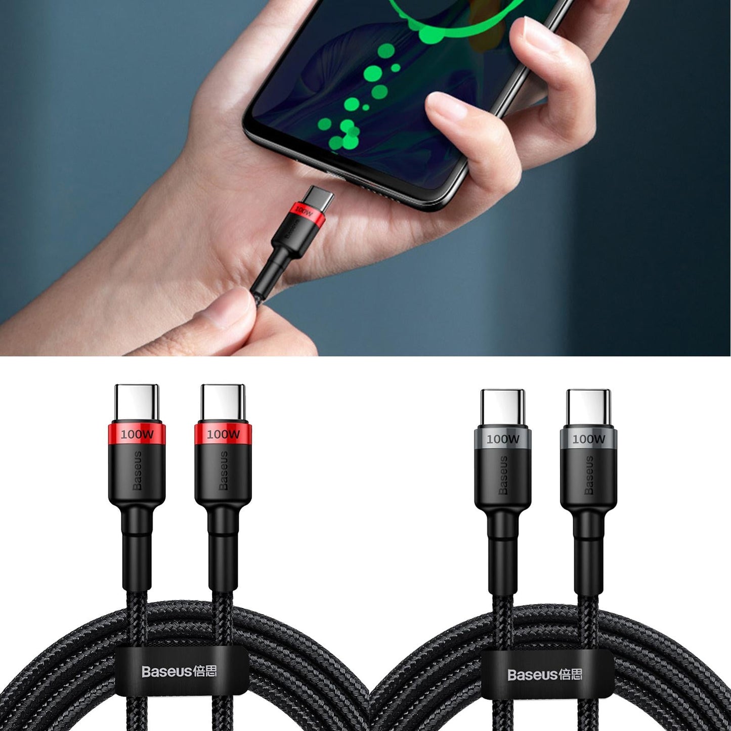 100W QC 3.0 Type-C Cable for HUAWEI Mobile Phones Tablets 480Mbps Grey Black