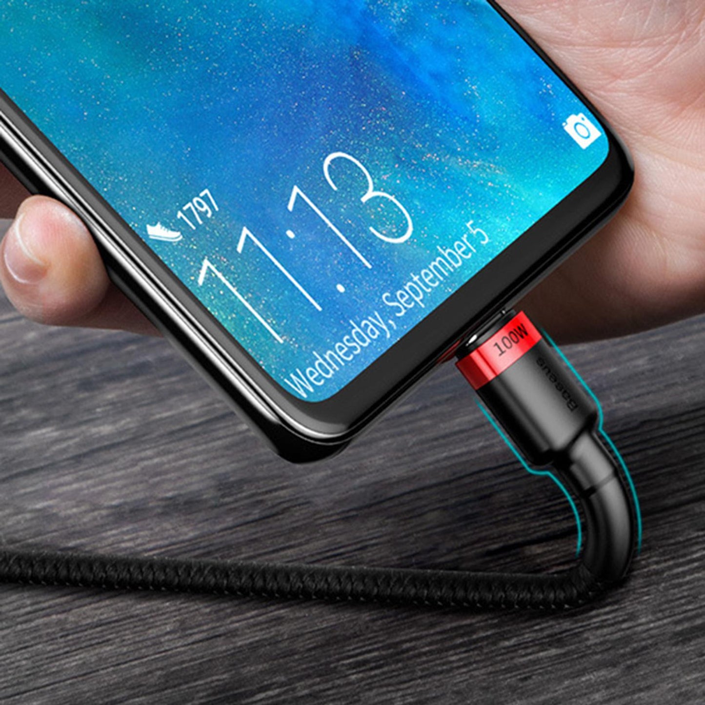 100W QC 3.0 Type-C Cable for HUAWEI Mobile Phones Tablets 480Mbps Red Black