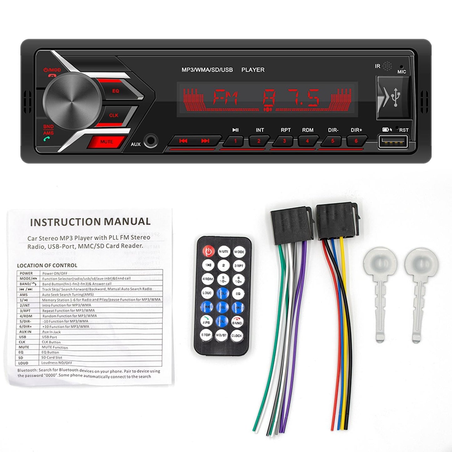 Digital Bluetooth Car Stereo Media Receiver AUX Input Remote Control 7 Color